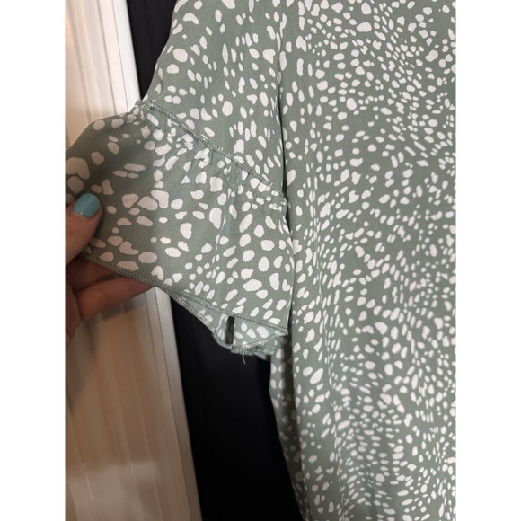 Moa Moa 3X Green White Animal Print Artsy‎ Boho Blouse Flutter Sleeve Tie Front - Picture 2 of 9
